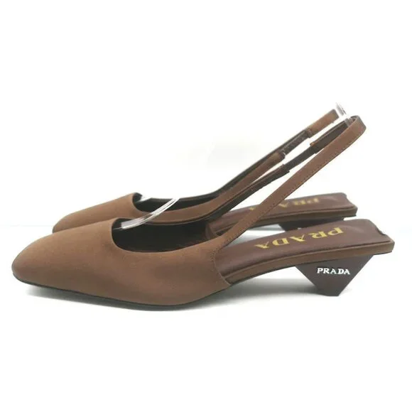 Prada Logo-Heel Slingback Pumps Tobacco Satin Size 40 NEW